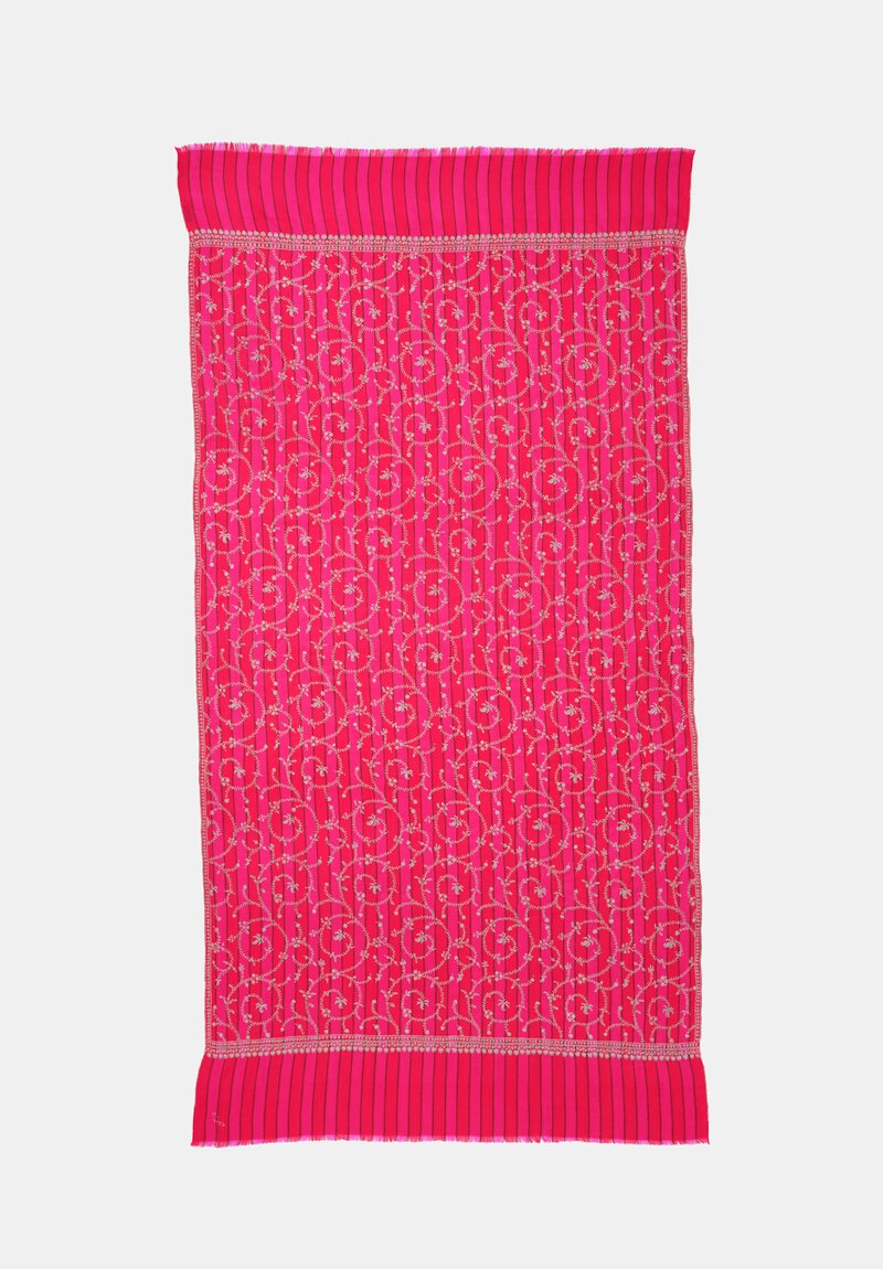 Yaser Shaw Cashmere Kashmiri Embroidered Scarf in Fuchsia Pink Stripes with Paisley Vine Swirls