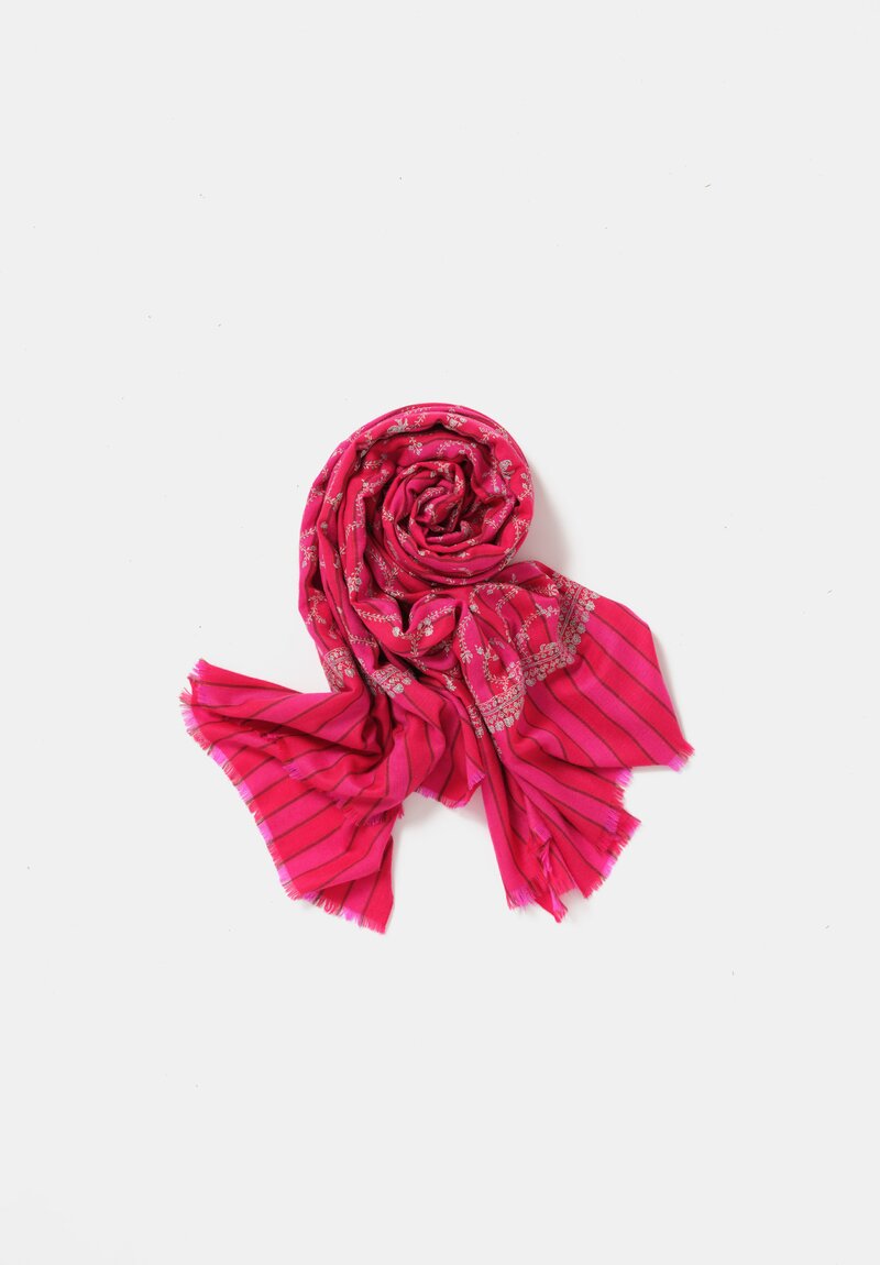 Yaser Shaw Cashmere Kashmiri Embroidered Scarf in Fuchsia Pink Stripes with Paisley Vine Swirls