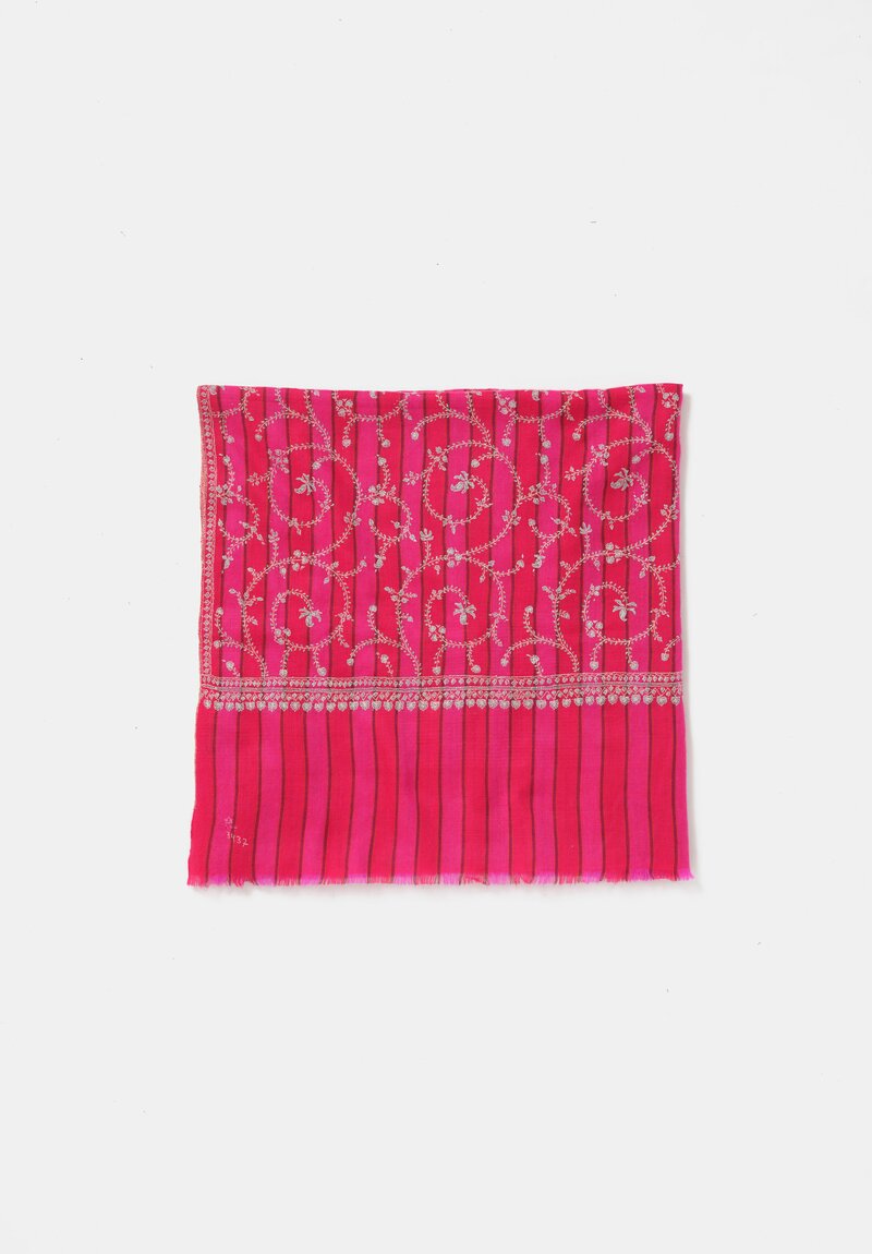 Yaser Shaw Cashmere Kashmiri Embroidered Scarf in Fuchsia Pink Stripes with Paisley Vine Swirls