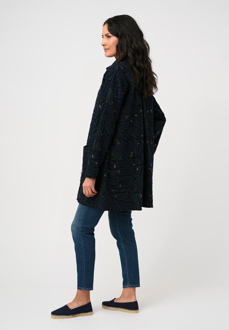 Alabama Chanin Cotton Embroidered Fallen Leaves Appliqué Duster Coat in Midnight Teal Blue