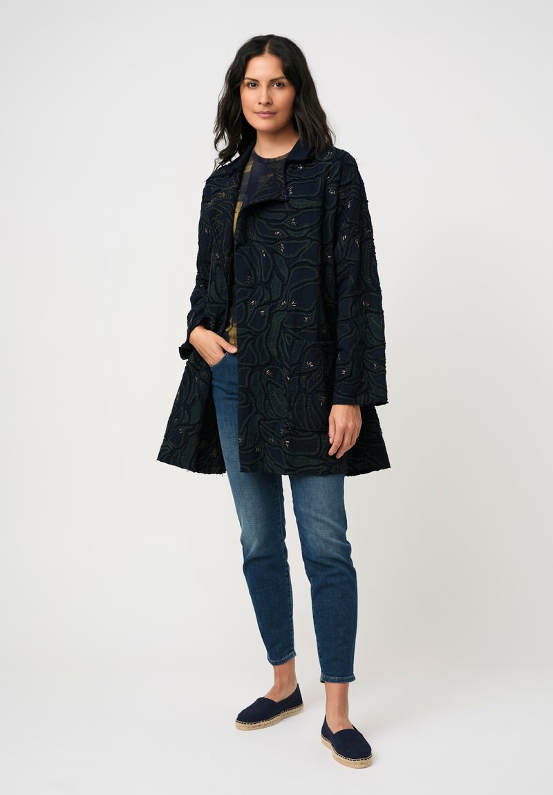 Alabama Chanin Cotton Embroidered Fallen Leaves Appliqué Duster Coat in Midnight Teal Blue