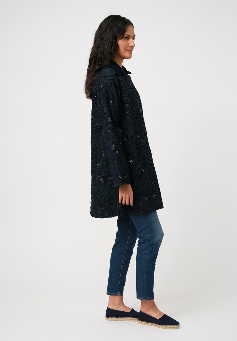 Alabama Chanin Cotton Embroidered Fallen Leaves Appliqué Duster Coat in Midnight Teal Blue