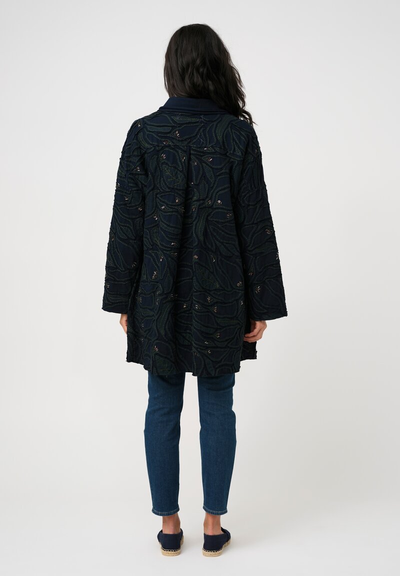 Alabama Chanin Cotton Embroidered Fallen Leaves Appliqué Duster Coat in Midnight Teal Blue