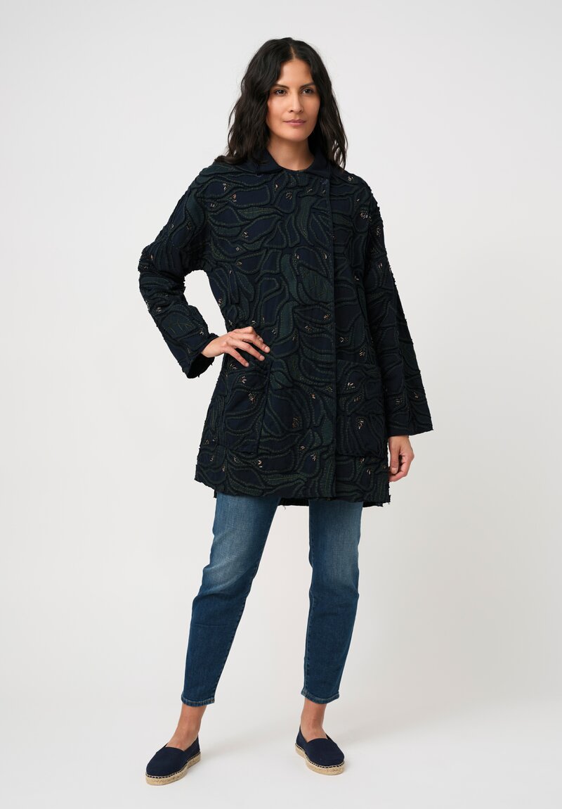 Alabama Chanin Cotton Embroidered Fallen Leaves Appliqué Duster Coat in Midnight Teal Blue