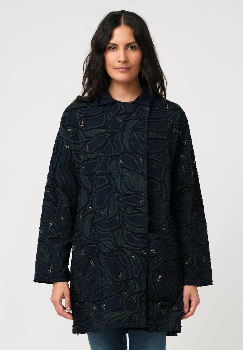 Alabama Chanin Cotton Embroidered Fallen Leaves Appliqué Duster Coat in Midnight Teal Blue