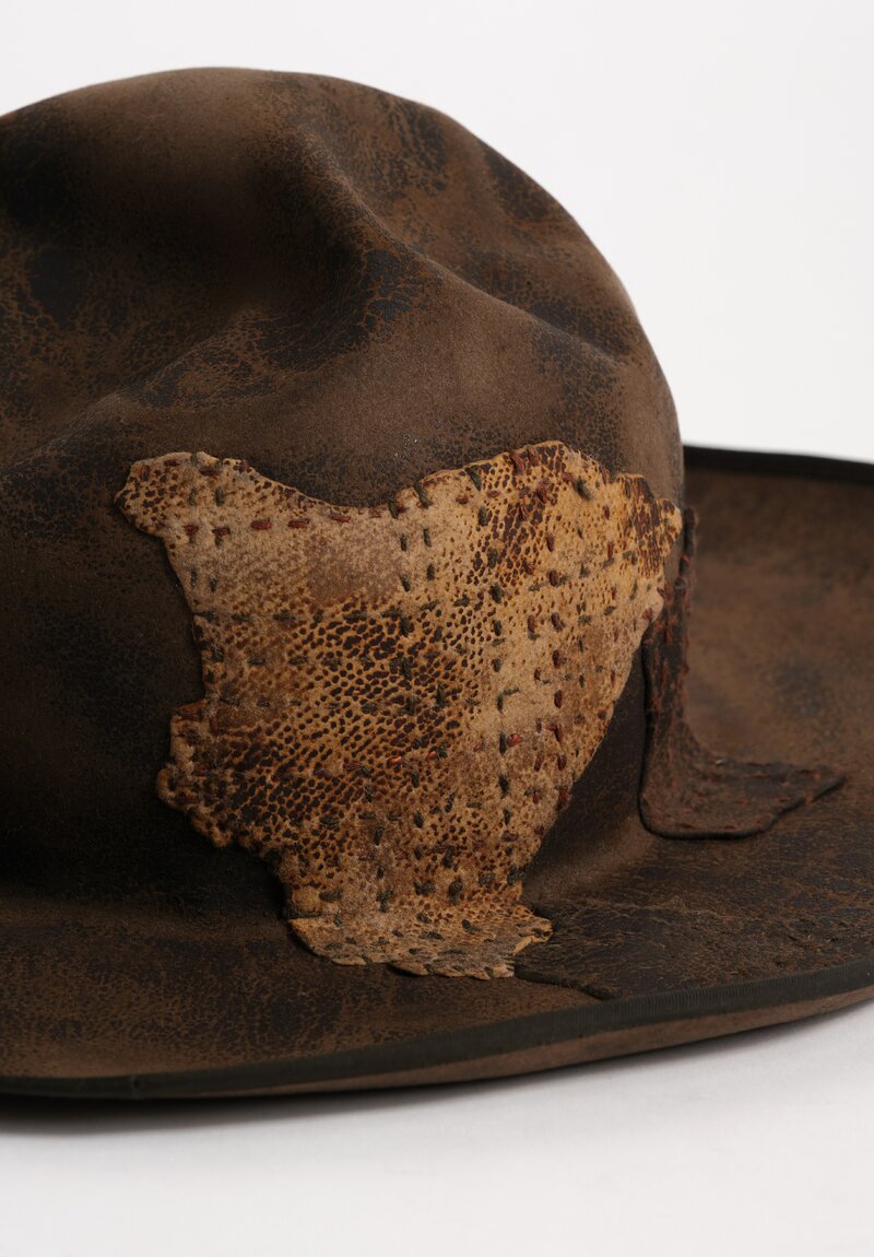 Horisaki Design & Handel Beaver Fur Felt Hard Burnt & Stitched Patchwork Hat in Dark Taupe & Brown