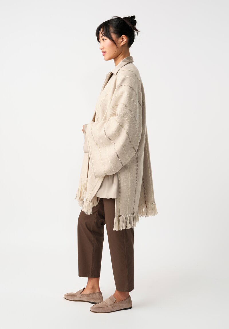 Alonpi Cashmere & Woven Leather Band Striped Ella Poncho in Neutral Almond