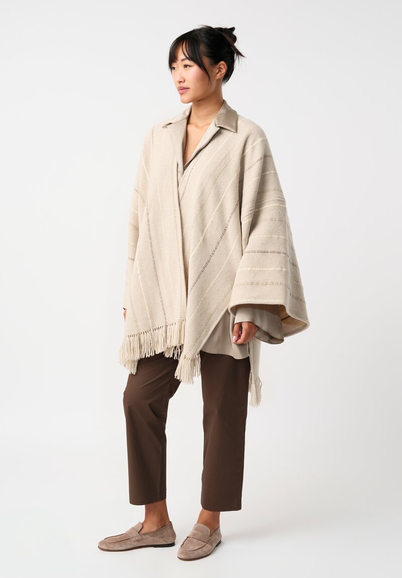 Alonpi Cashmere & Woven Leather Band Striped Ella Poncho in Neutral Almond