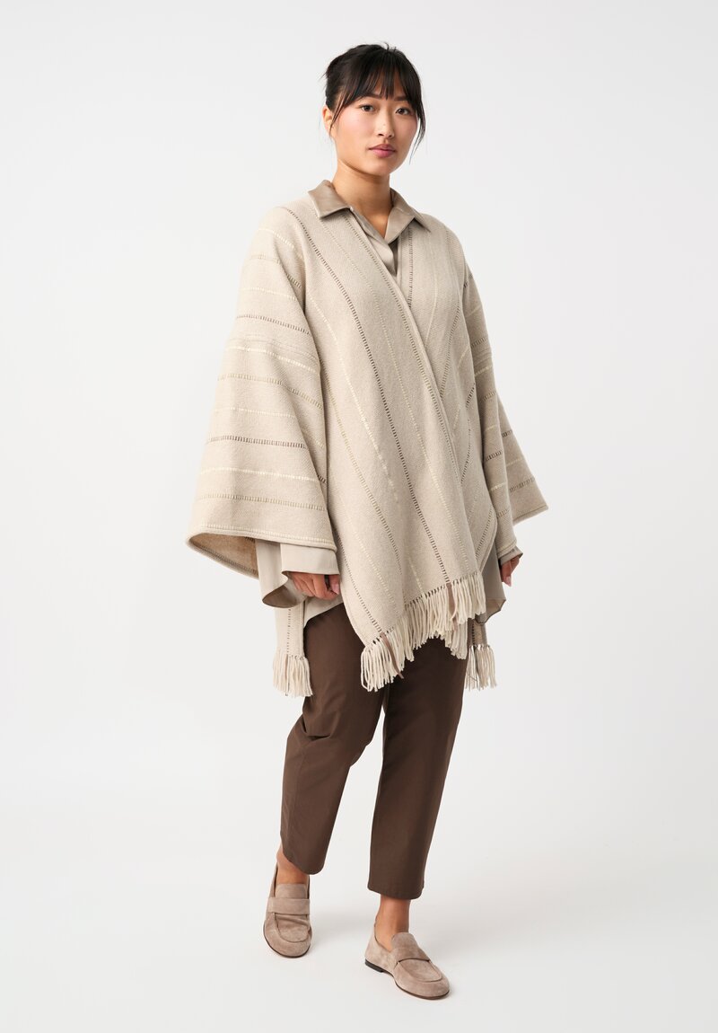 Alonpi Cashmere & Woven Leather Band Striped Ella Poncho in Neutral Almond