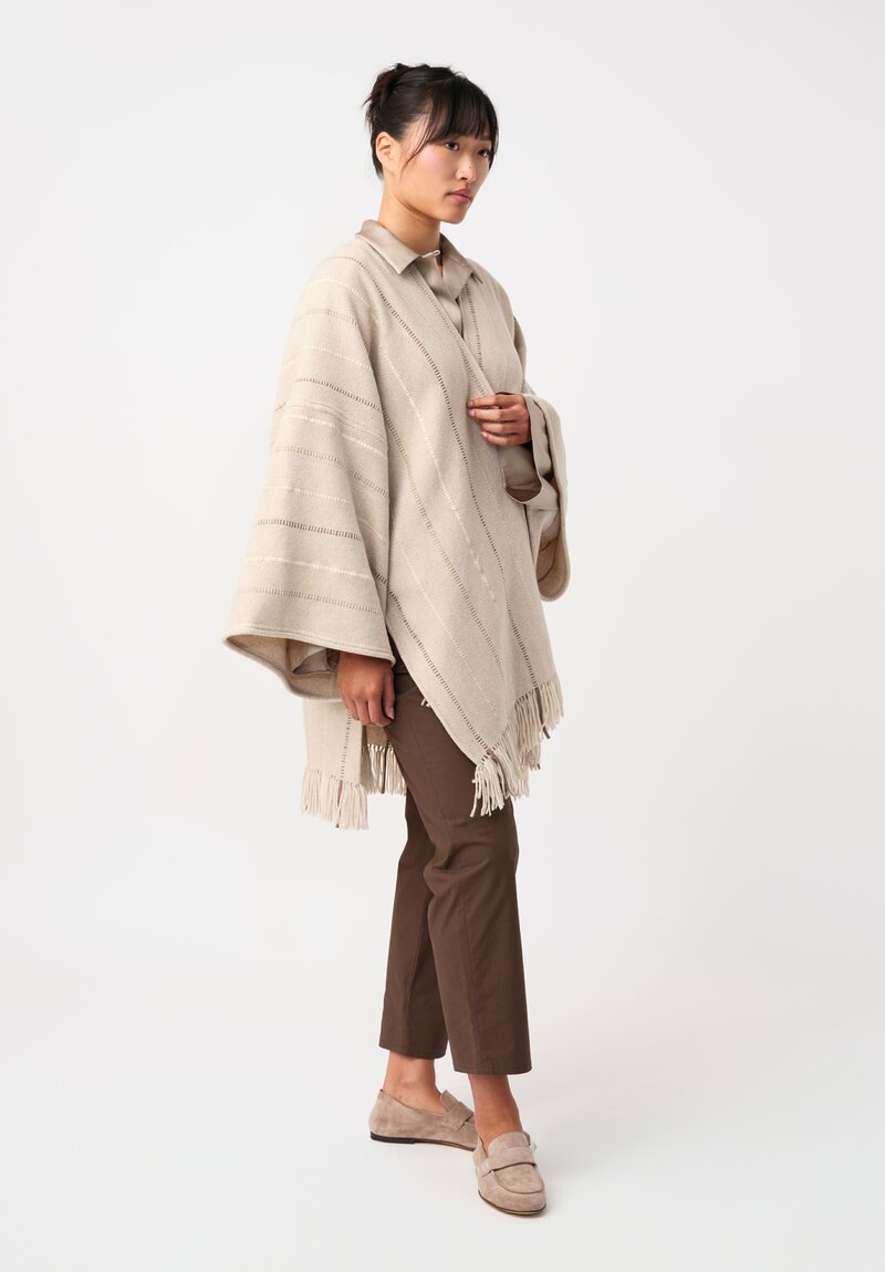 Alonpi Cashmere & Woven Leather Band Striped Ella Poncho in Neutral Almond