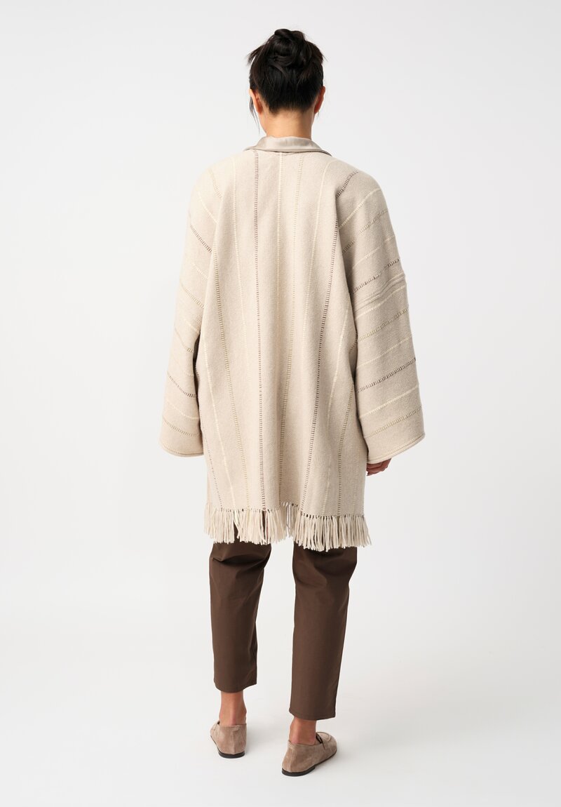 Alonpi Cashmere & Woven Leather Band Striped Ella Poncho in Neutral Almond