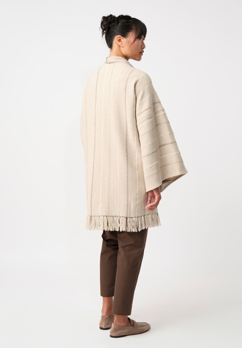 Alonpi Cashmere & Woven Leather Band Striped Ella Poncho in Neutral Almond