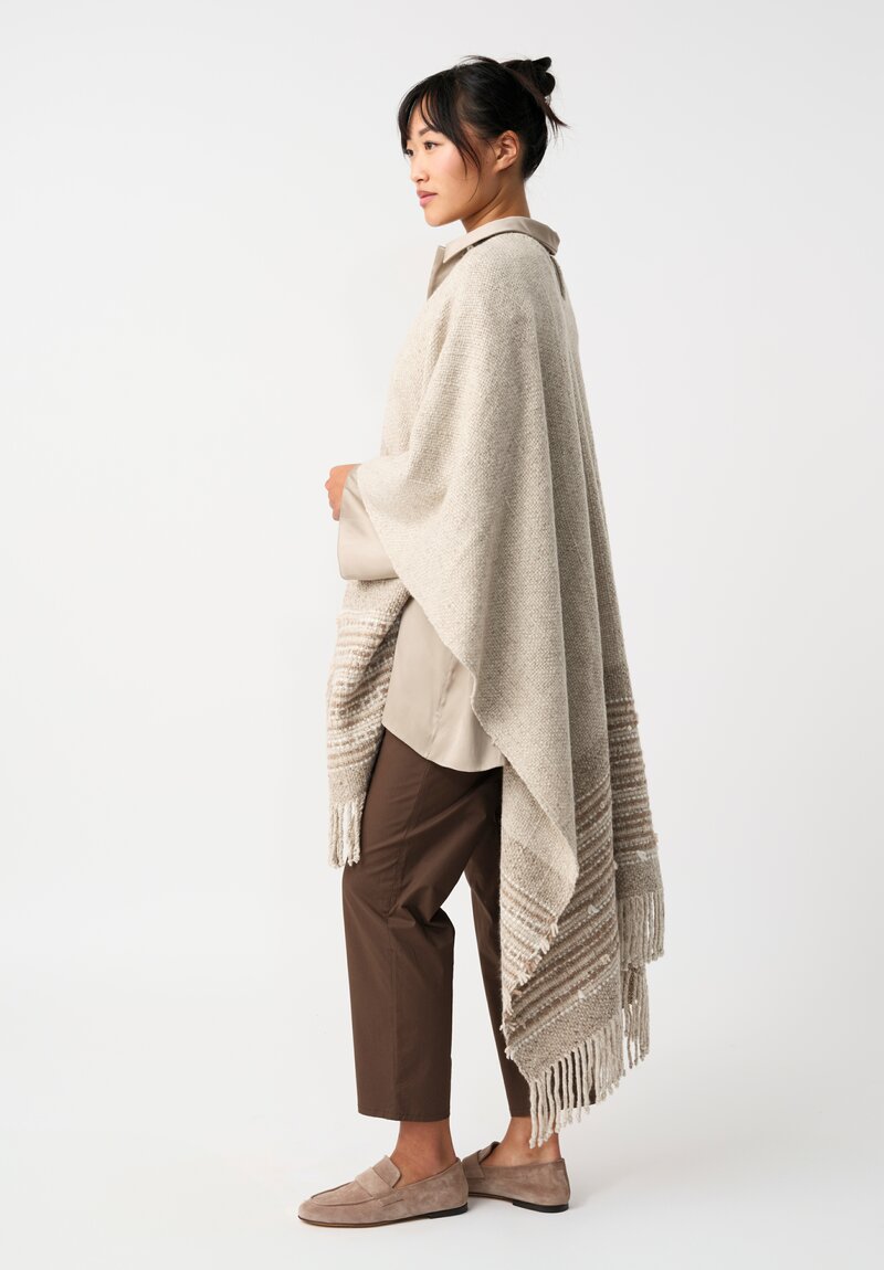 Alonpi Cashmere Tweed Fringed Lia Poncho in Natural Oat