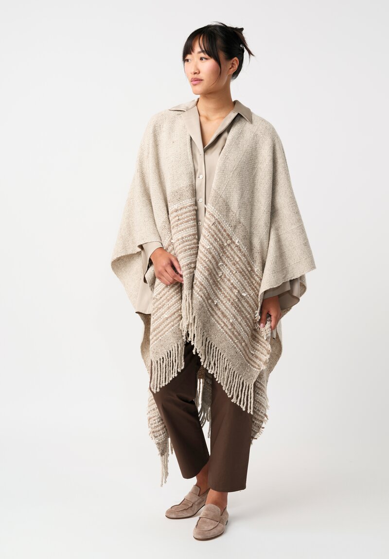 Alonpi Cashmere Tweed Fringed Lia Poncho in Natural Oat