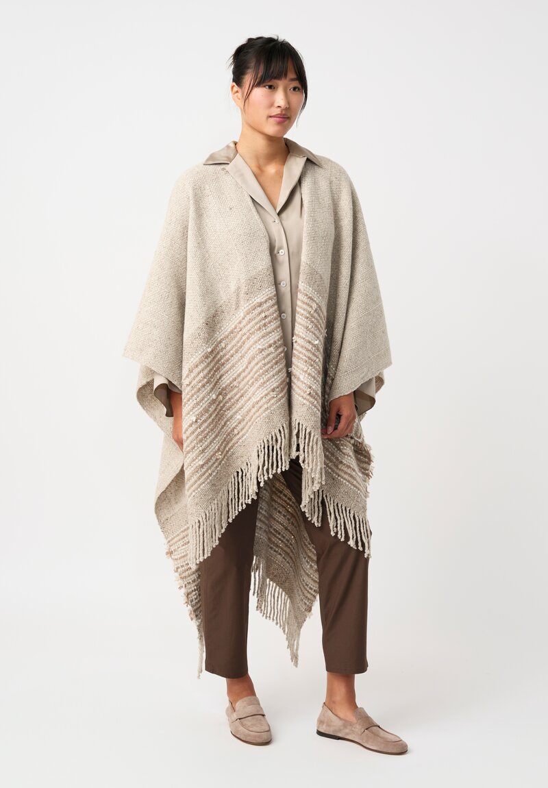 Alonpi Cashmere Tweed Fringed Lia Poncho in Natural Oat