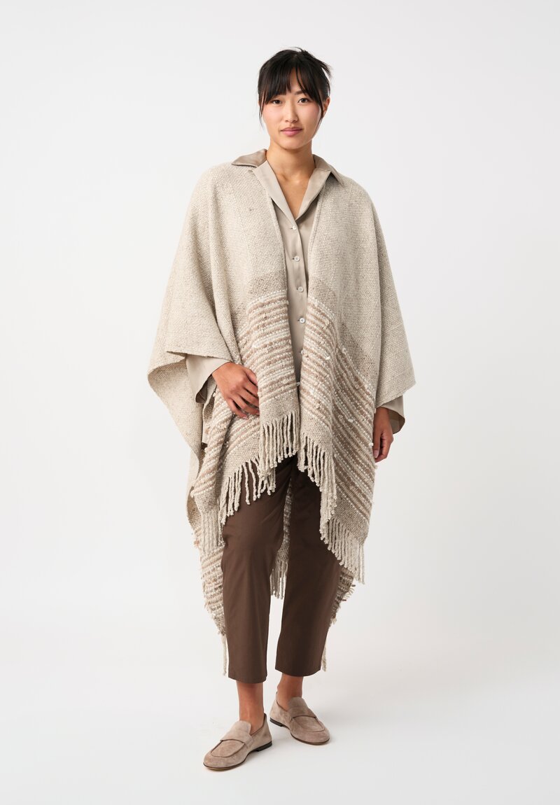 Alonpi Cashmere Tweed Fringed Lia Poncho in Natural Oat