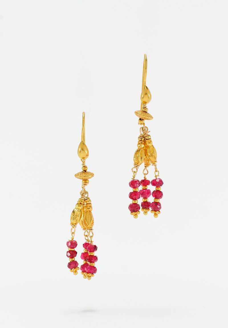 Greig Porter 3-Strand 18K & Raspberry Sapphire Beaded Chandelier Earrings 1.75"