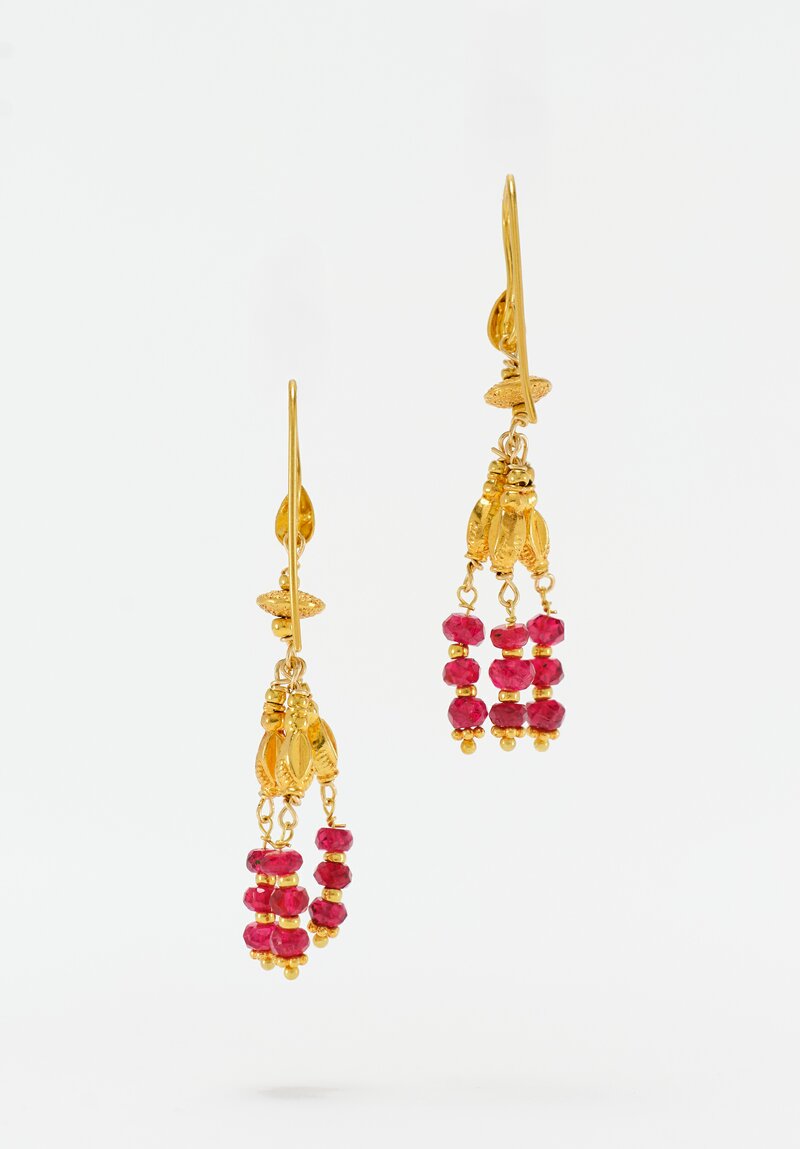 Greig Porter 3-Strand 18K & Raspberry Sapphire Beaded Chandelier Earrings 1.75"