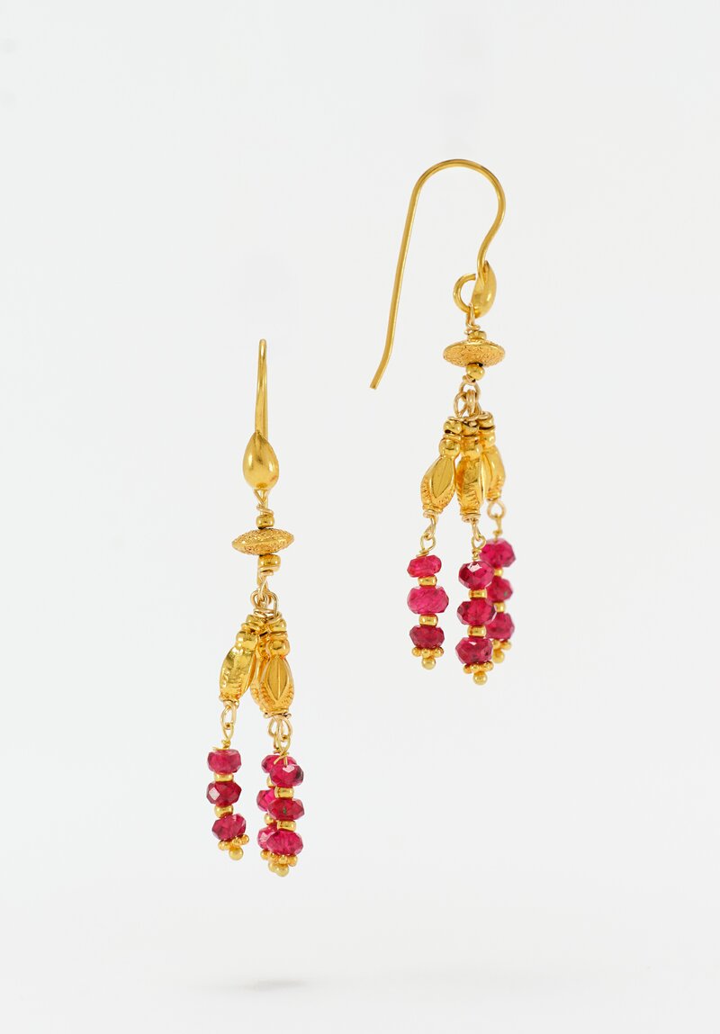 Greig Porter 3-Strand 18K & Raspberry Sapphire Beaded Chandelier Earrings 1.75"