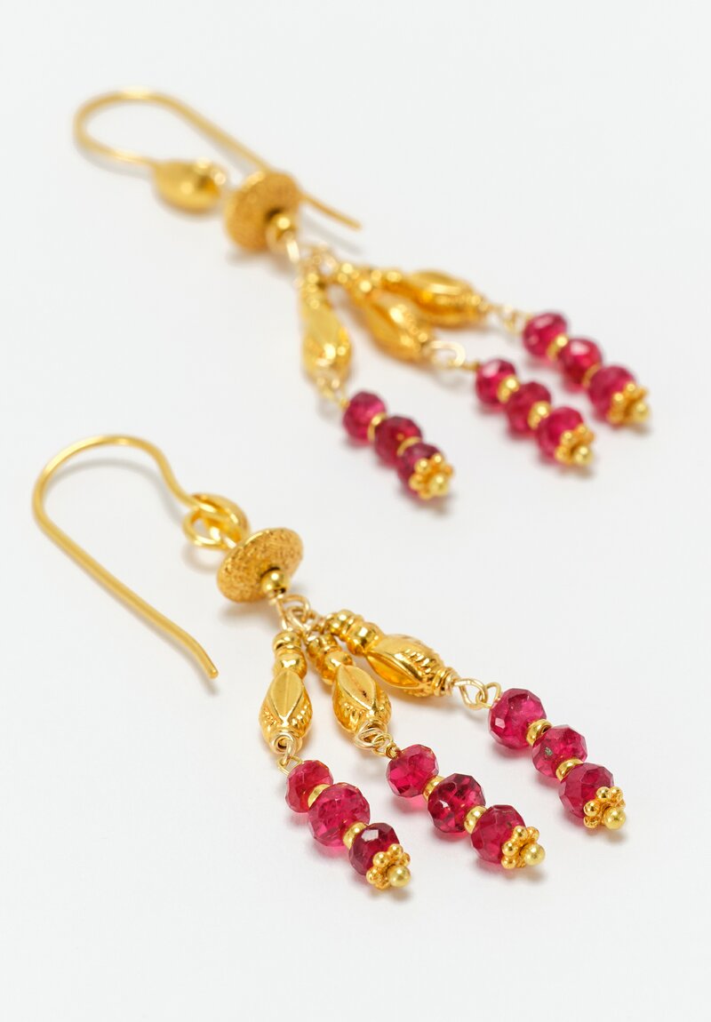 Greig Porter 3-Strand 18K & Raspberry Sapphire Beaded Chandelier Earrings 1.75"