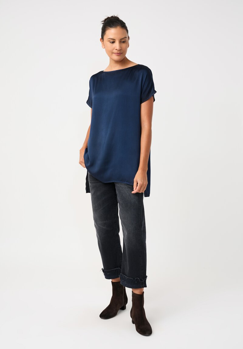 Avant Toi Silk Cap Sleeve Top in Nero & Fiume Blue