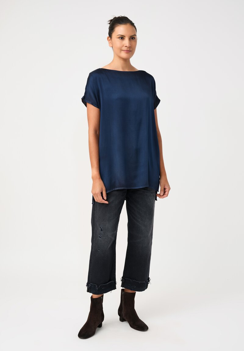 Avant Toi Silk Cap Sleeve Top in Nero & Fiume Blue