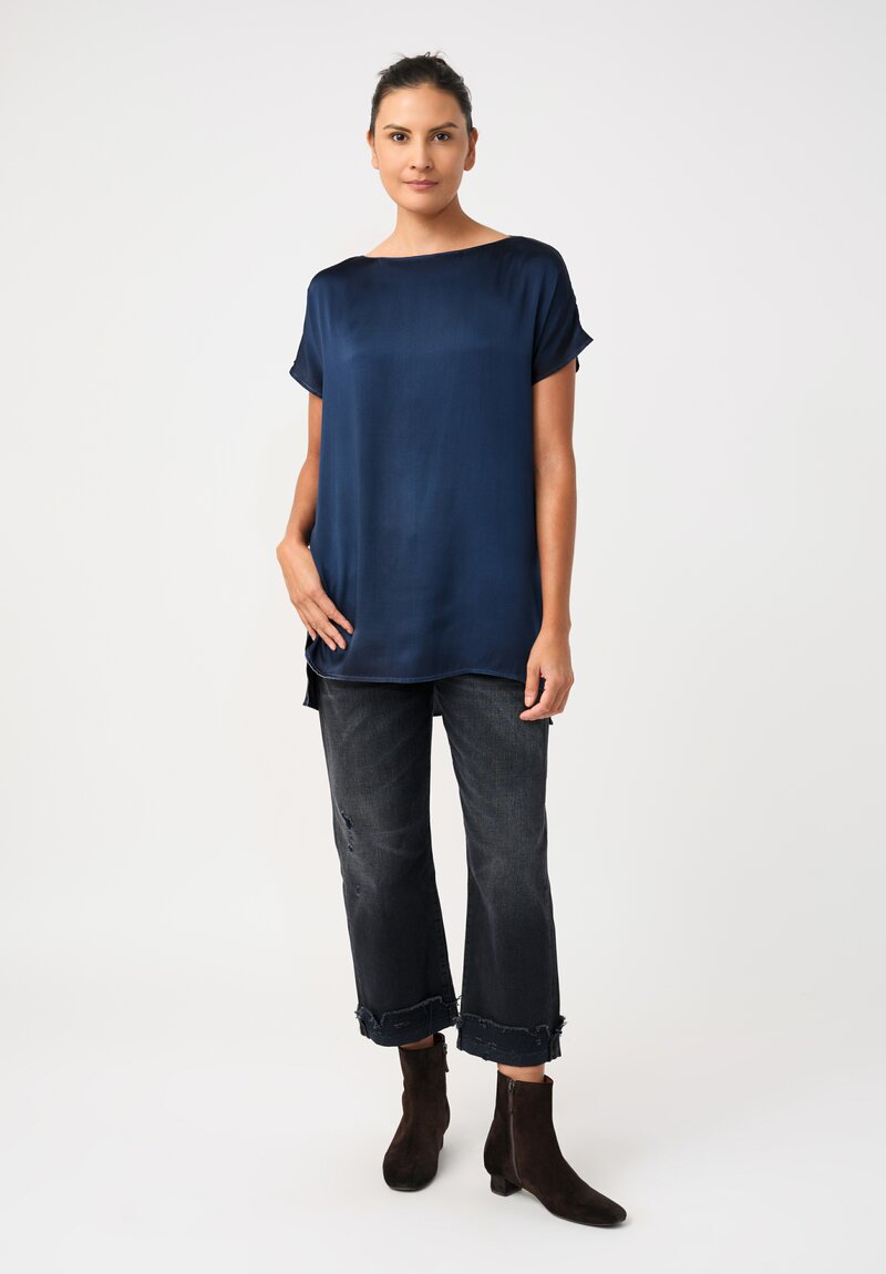 Avant Toi Silk Cap Sleeve Top in Nero & Fiume Blue