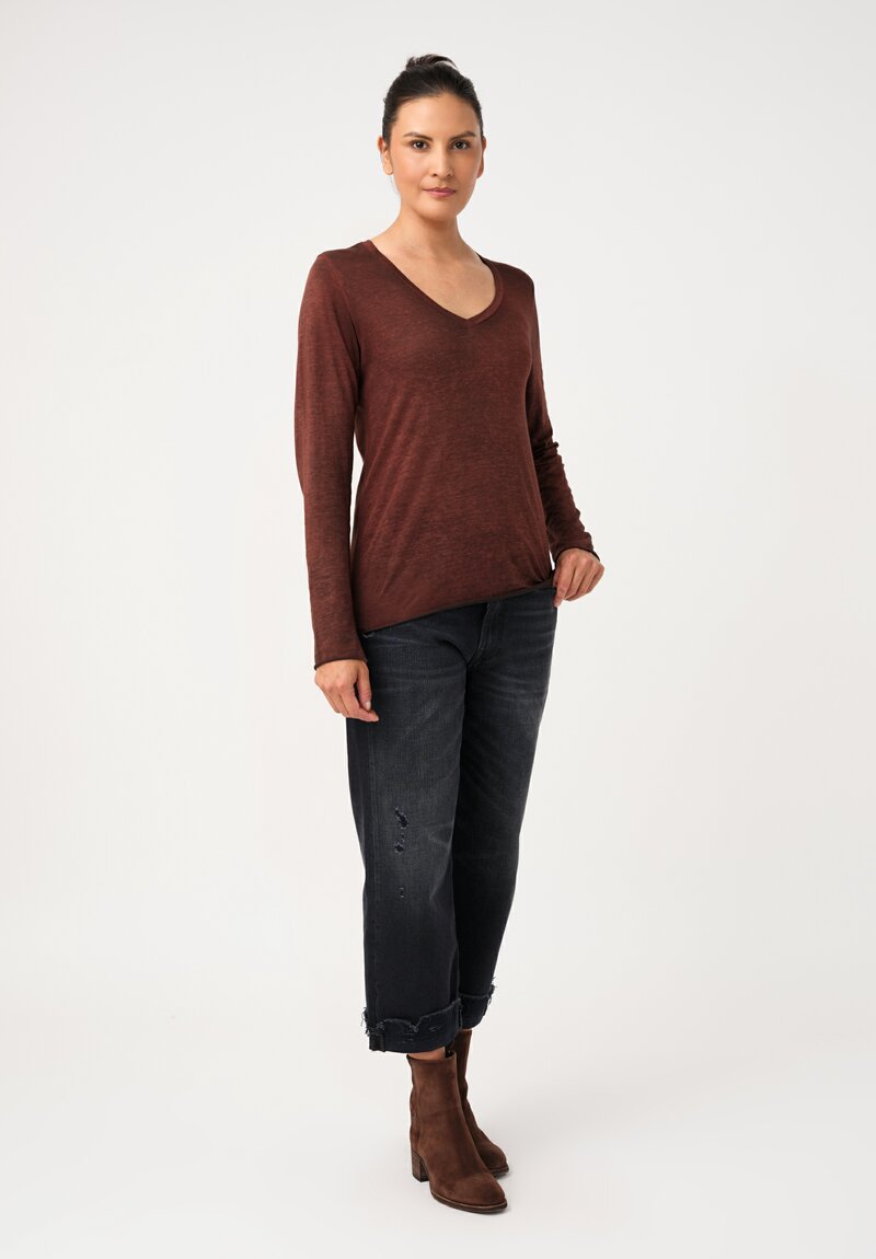 Avant Toi Cotton Hand-Painted V-Neck Long Sleeve Top in Nero & Brownie Brown