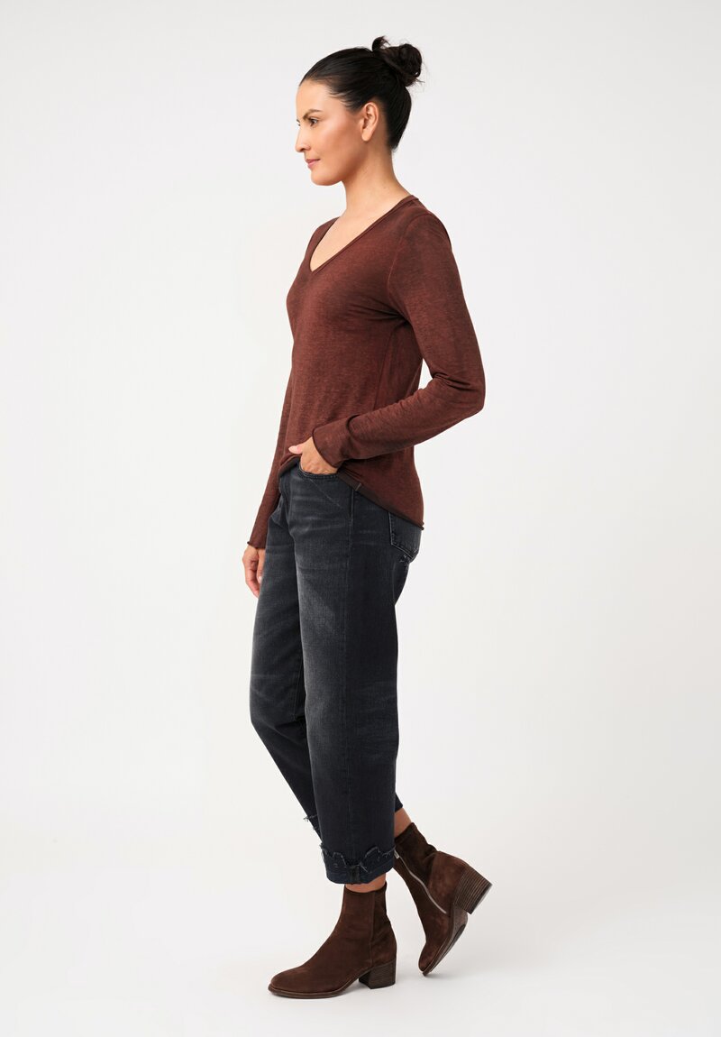 Avant Toi Cotton Hand-Painted V-Neck Long Sleeve Top in Nero & Brownie Brown