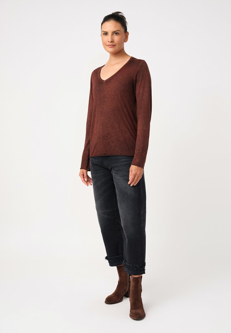 Avant Toi Cotton Hand-Painted V-Neck Long Sleeve Top in Nero & Brownie Brown