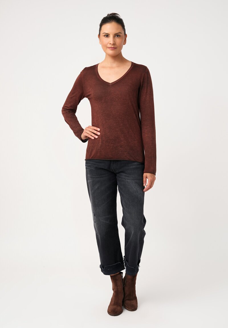 Avant Toi Cotton Hand-Painted V-Neck Long Sleeve Top in Nero & Brownie Brown