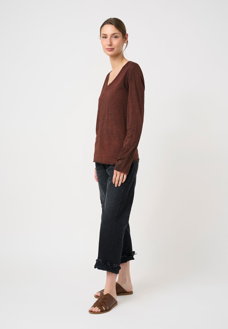 Avant Toi Cotton Hand-Painted V-Neck Long Sleeve Tee in Nero & Brownie Brown