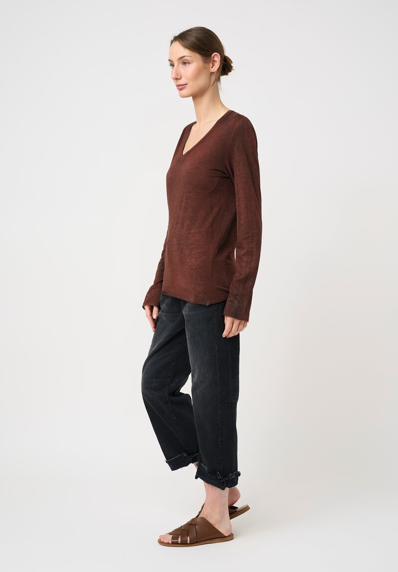 Avant Toi Cotton Hand-Painted V-Neck Long Sleeve Tee in Nero & Brownie Brown