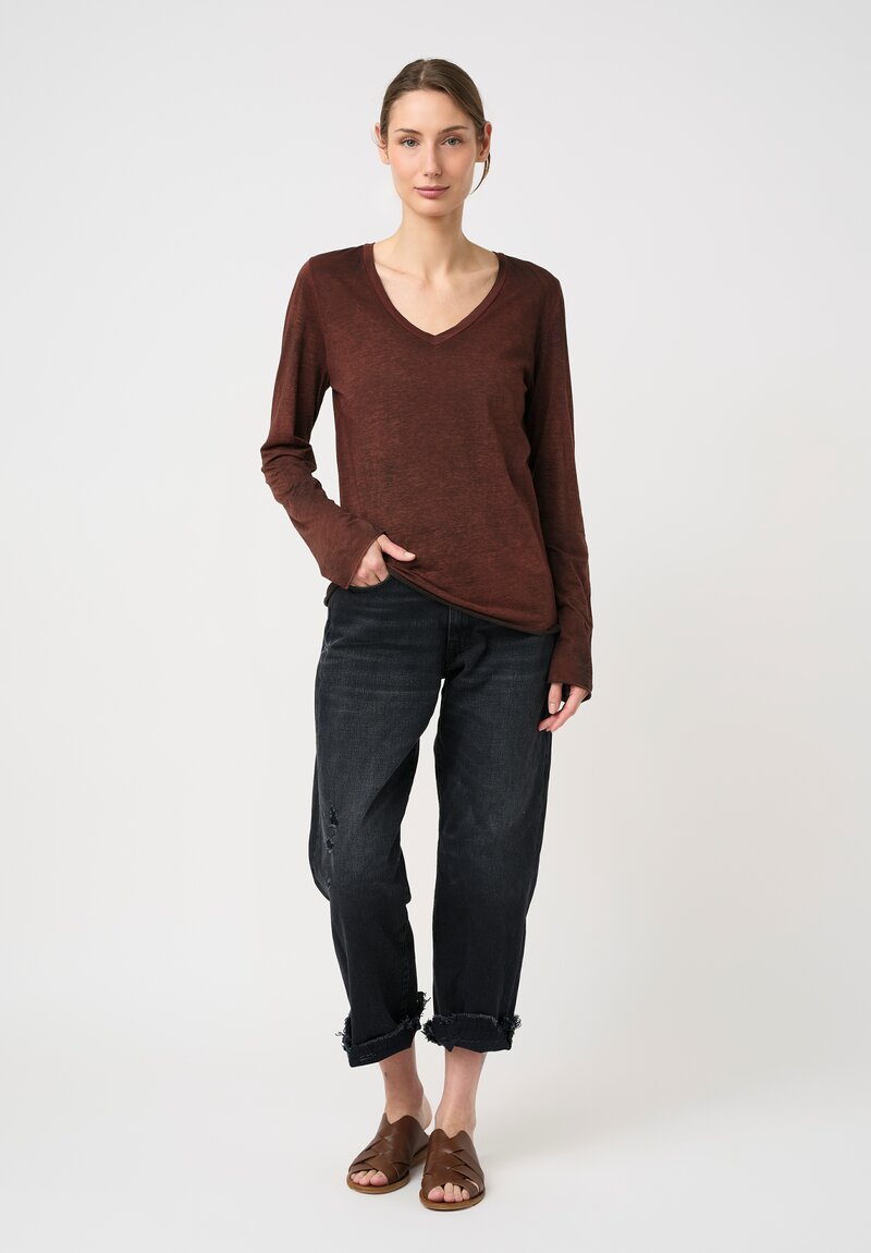 Avant Toi Cotton Hand-Painted V-Neck Long Sleeve Tee in Nero & Brownie Brown