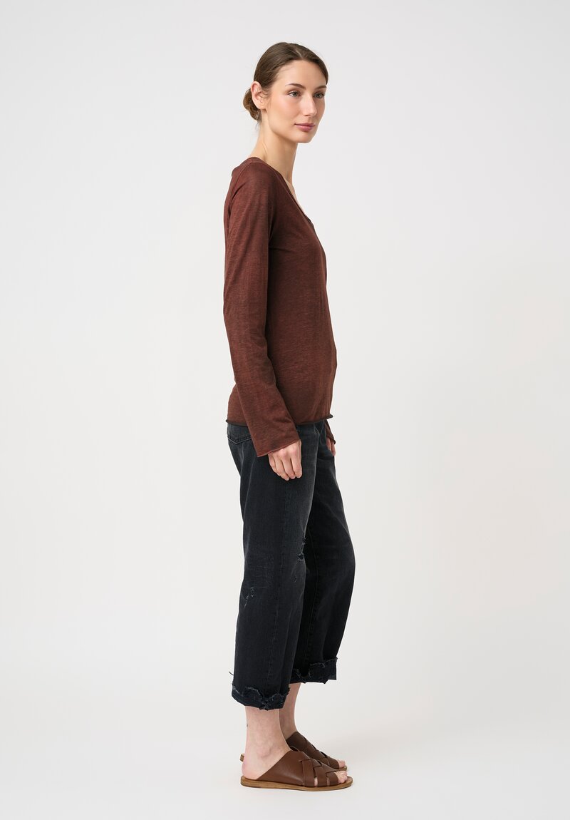 Avant Toi Cotton Hand-Painted V-Neck Long Sleeve Tee in Nero & Brownie Brown