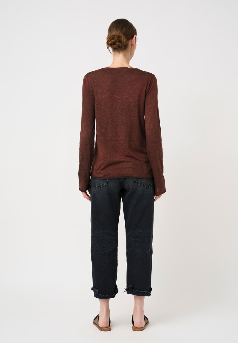 Avant Toi Cotton Hand-Painted V-Neck Long Sleeve Tee in Nero & Brownie Brown