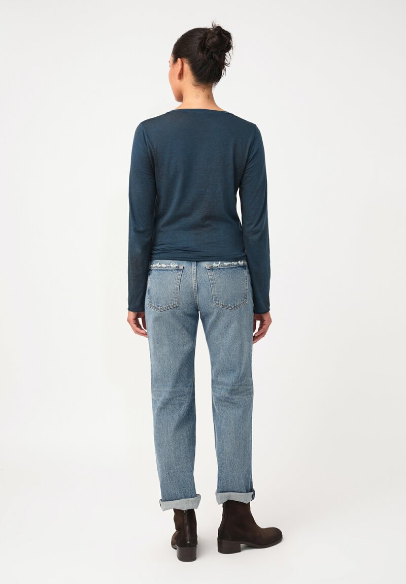 Avant Toi Hand-Painted Cotton V-Neck Long Sleeve Shirt in Nero & Fiume Blue