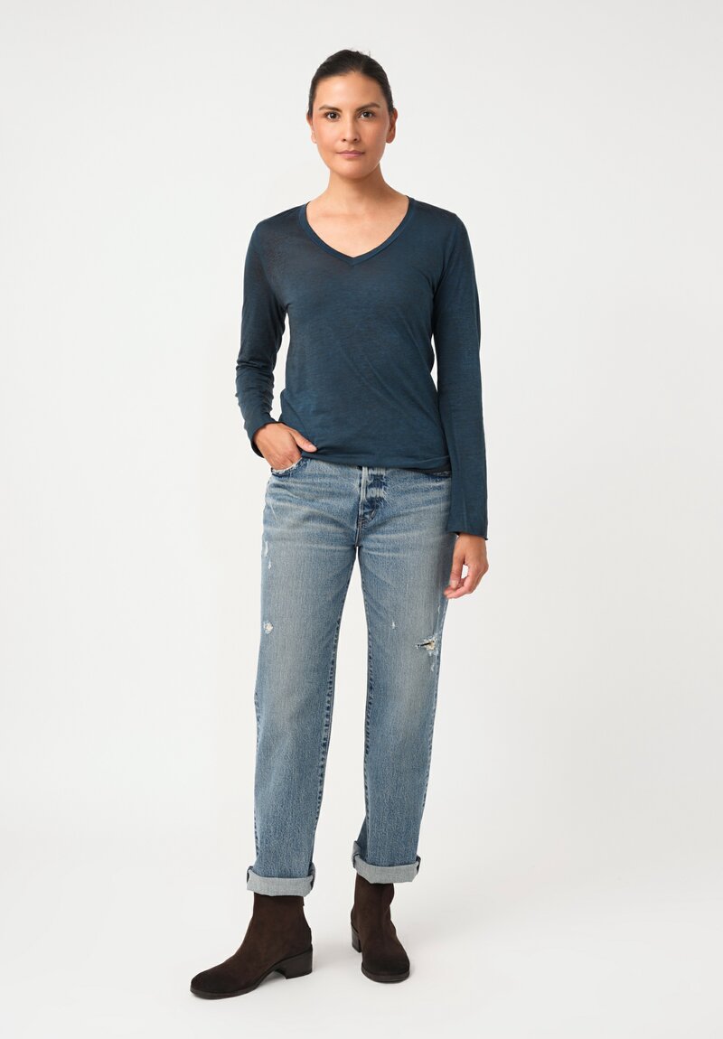 Avant Toi Hand-Painted Cotton V-Neck Long Sleeve Shirt in Nero & Fiume Blue