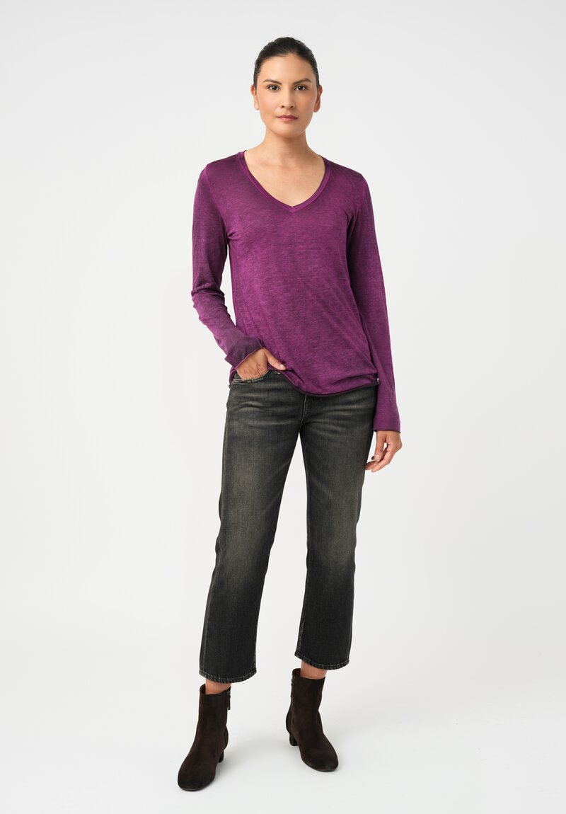 Avant Toi Cotton Hand-Painted V-Neck Long Sleeve Top in Nero & Anemone Pink