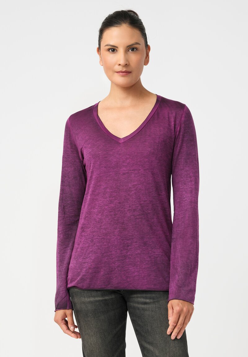 Avant Toi Cotton Hand-Painted V-Neck Long Sleeve Top in Nero & Anemone Pink