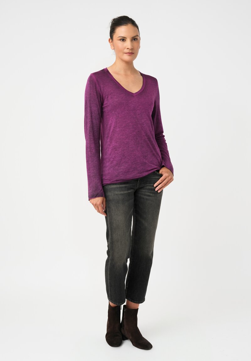 Avant Toi Cotton Hand-Painted V-Neck Long Sleeve Top in Nero & Anemone Pink