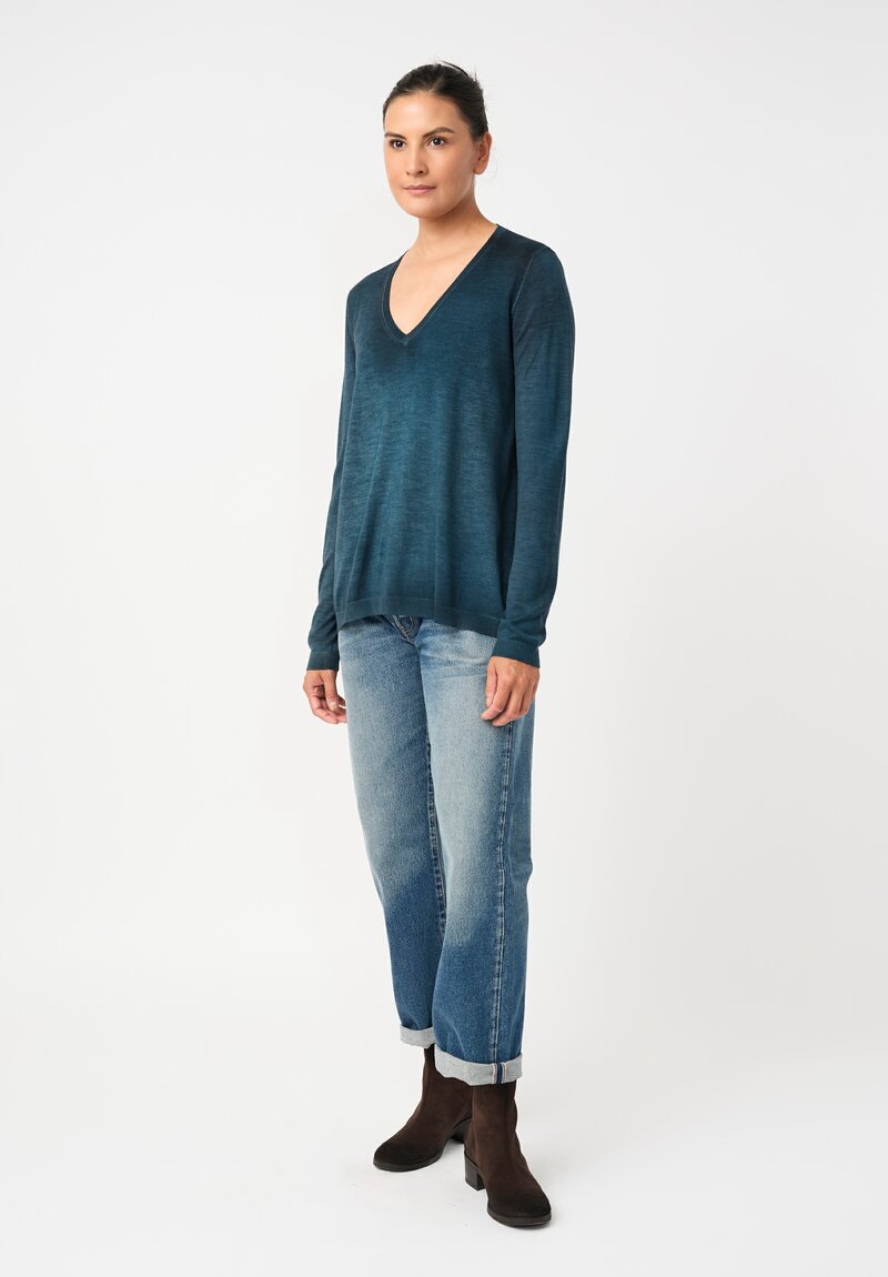 Avant Toi Cashmere & Vintage Silk One-of-a-Kind V-Neck Sweater in Laguna Blue Floral