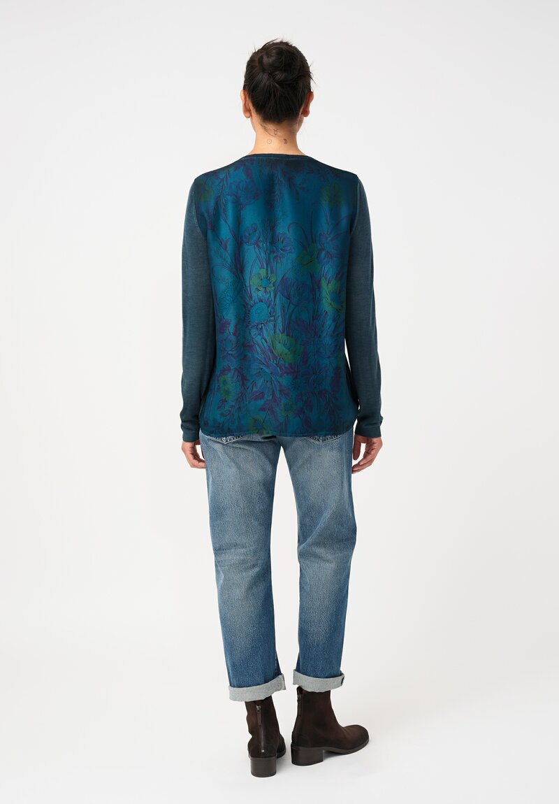 Avant Toi Cashmere & Vintage Silk One-of-a-Kind V-Neck Sweater in Laguna Blue Floral
