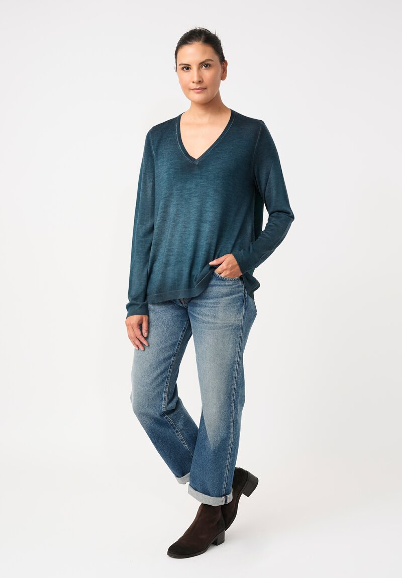 Avant Toi Cashmere & Vintage Silk One-of-a-Kind V-Neck Sweater in Laguna Blue Fleur-de-Lis