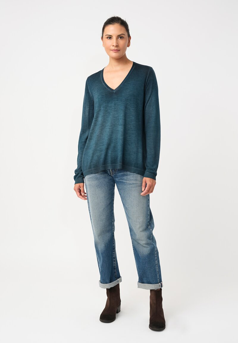 Avant Toi Cashmere & Vintage Silk One-of-a-Kind V-Neck Sweater in Laguna Blue Fleur-de-Lis
