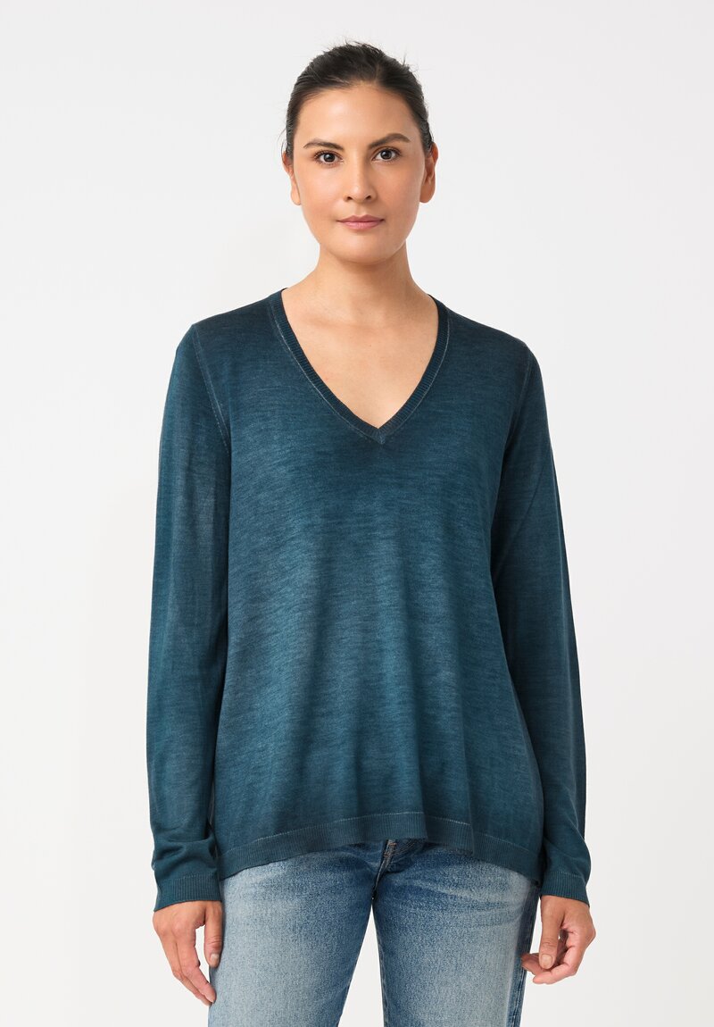 Avant Toi Cashmere & Vintage Silk One-of-a-Kind V-Neck Sweater in Laguna Blue Fleur-de-Lis