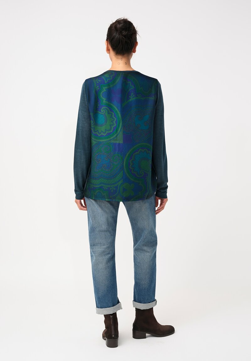 Avant Toi Cashmere & Vintage Silk One-of-a-Kind V-Neck Sweater in Laguna Blue Fleur-de-Lis