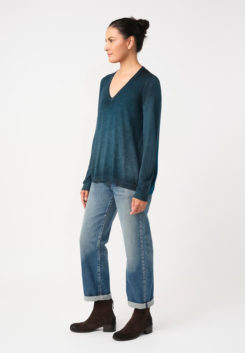 Avant Toi Cashmere & Vintage Silk One-of-a-Kind V-Neck Sweater in Laguna Blue Mandala