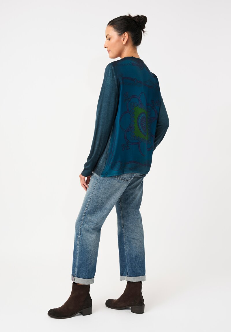Avant Toi Cashmere & Vintage Silk One-of-a-Kind V-Neck Sweater in Laguna Blue Mandala
