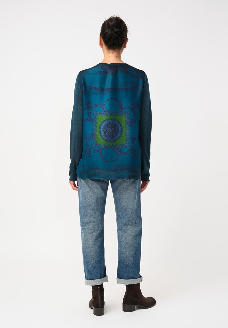 Avant Toi Cashmere & Vintage Silk One-of-a-Kind V-Neck Sweater in Laguna Blue Mandala